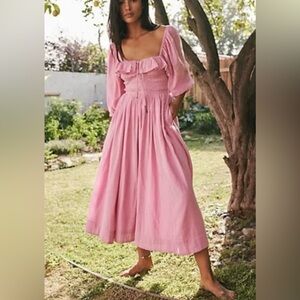 Free People Pink Midi Dress with Ruffle Square Neck